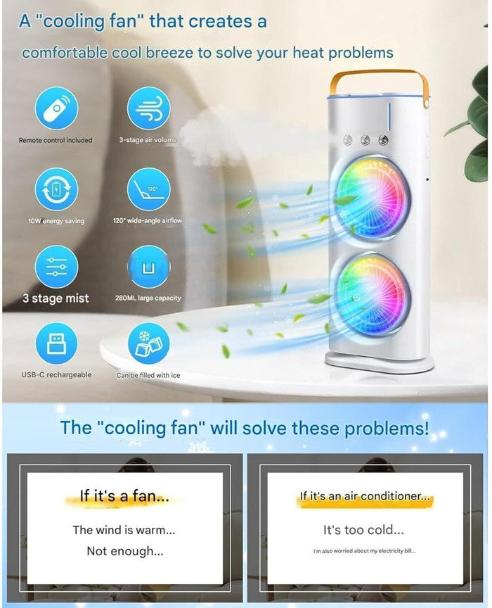 Portable Mini Air Cooler Fan with Double-Ended Spray Cooling & Remote Control Cooling Fan All in one Cooler